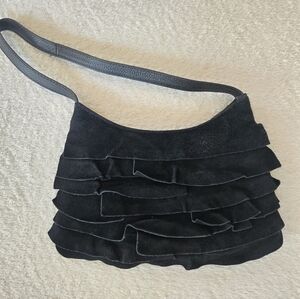 Vintage Coldwater Creek Black Cascade Ruffle Suede Shoulder Bag Purse